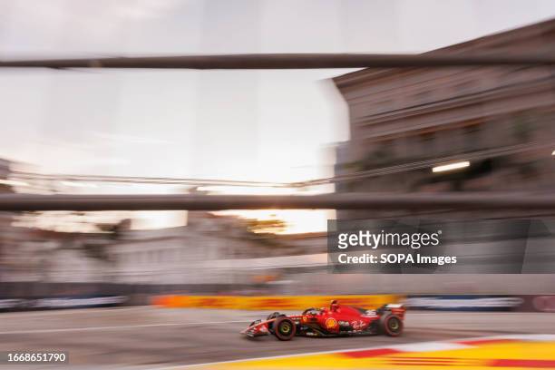 Charles Leclerc of Monaco drives the Ferrari SF-23 during practice ahead of the F1 Grand Prix of Singapore at the Marina Bay Street Circuit.