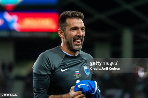 Gianluigi Buffon of Italy playing on the Blue Team reacts during a charity match for the Slovenian flood victims on September 15, 2023 in Ljubljana,...