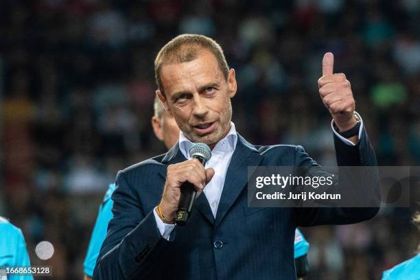 President Aleksander Ceferin of Slovenia speaks during a charity match for the Slovenian flood victims on September 15, 2023 in Ljubljana, Slovenia....