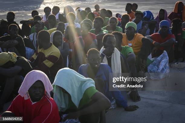 View of crowd outside of the hotspot as nearly 7,000 irregular migrants arrive in Lampedusa island of Italy on September 15, 2023. Located on the...