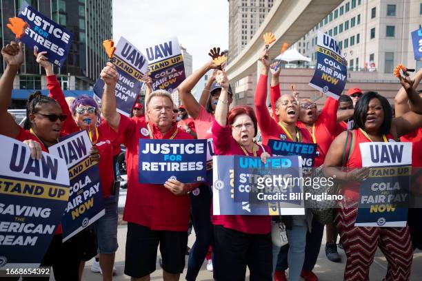 United Auto Workers members attend a solidarity rally as the UAW strikes the Big Three automakers on September 15, 2023 in Detroit, Michigan. This is...