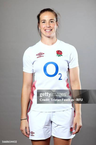 Emily Scarratt of England poses during the England Red Roses Squad Portraits at Twickenham Stadium on August 31, 2023 in London, England.