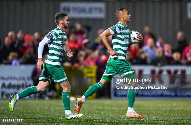 Derry , United Kingdom - 15 September 2023; Graham Burke of Shamrock Rovers, right, celebrates with team-mate Dylan Watts after scoring their side's...