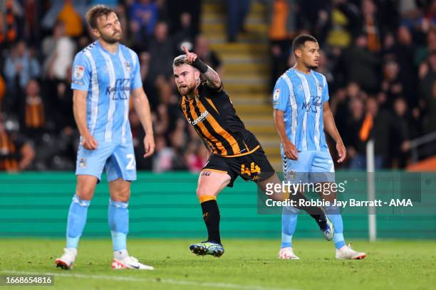 Aaron Connolly of Hull City celebrates after scoring a goal to make it 1-1 during the Sky Bet Championship match between Hull City and Coventry City...