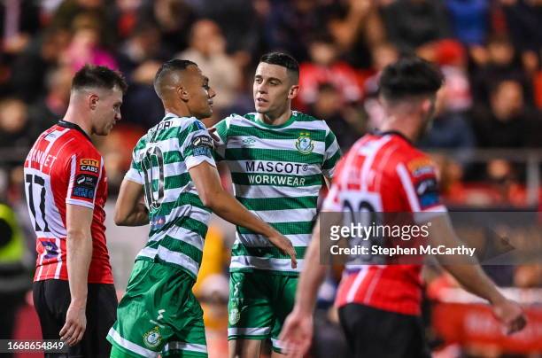 Derry , United Kingdom - 15 September 2023; Graham Burke of Shamrock Rovers, left, celebrates with team-mate Gary O'Neill after scoring their side's...
