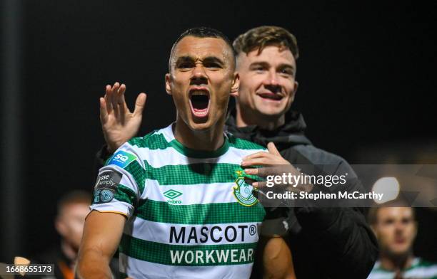 Derry , United Kingdom - 15 September 2023; Graham Burke of Shamrock Rovers, left, and team-mate Ronan Finn after the SSE Airtricity Men's Premier...