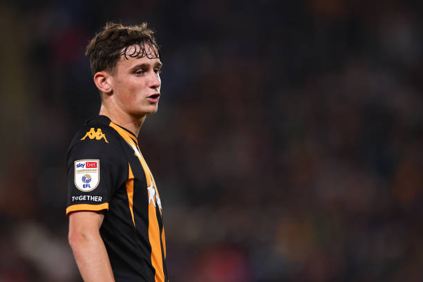 Tyler Morton of Hull City during the Sky Bet Championship match between Hull City and Coventry City at MKM Stadium on September 15, 2023 in Hull,...