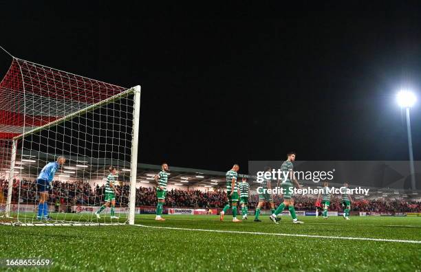 Derry , United Kingdom - 15 September 2023; Shamrock Rovers players react after conceding their side's first goal during the SSE Airtricity Men's...