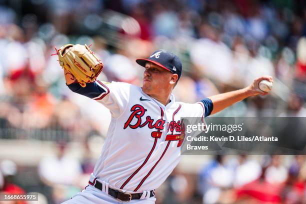 Kolby Allard of the Atlanta Braves pitches during the game against the Chicago White Sox at Truist Park on July 16, 2023 in Atlanta, Georgia.