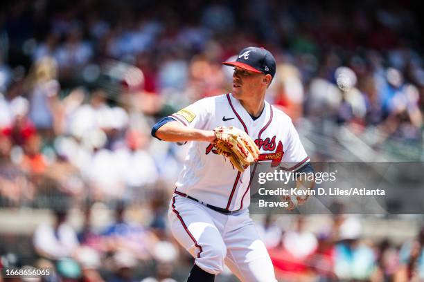 Kolby Allard of the Atlanta Braves pitches during the game against the Chicago White Sox at Truist Park on July 16, 2023 in Atlanta, Georgia.