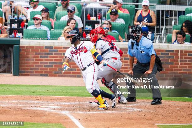 Ronald Acuna Jr. #13 of the Atlanta Braves at bat during the game against the Los Angeles Angels at Truist Park on August 02, 2023 in Atlanta,...