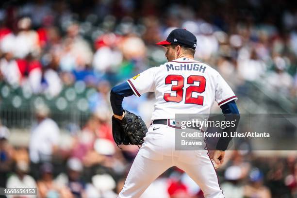 Collin McHugh of the Atlanta Braves pitches during the game against the Los Angeles Angels at Truist Park on August 02, 2023 in Atlanta, Georgia.