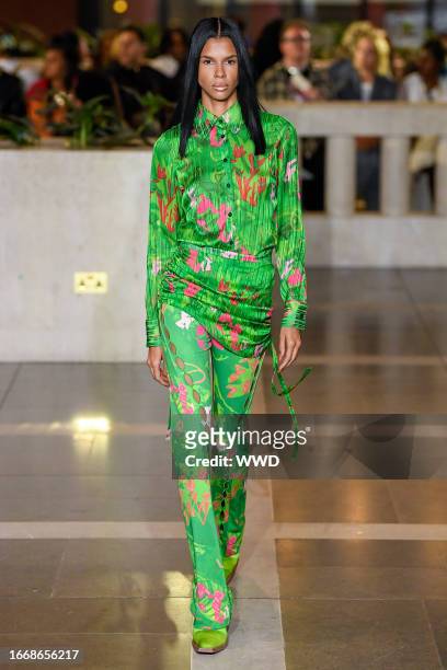 Model on the runway at the Ahluwalia Spring 2024 Ready To Wear Fashion Show held at the British Library on September 15, 2023 in London, England.