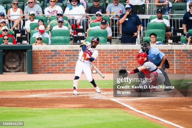 Ozzie Albies of the Atlanta Braves at bat during the game against the Los Angeles Angels at Truist Park on August 02, 2023 in Atlanta, Georgia.