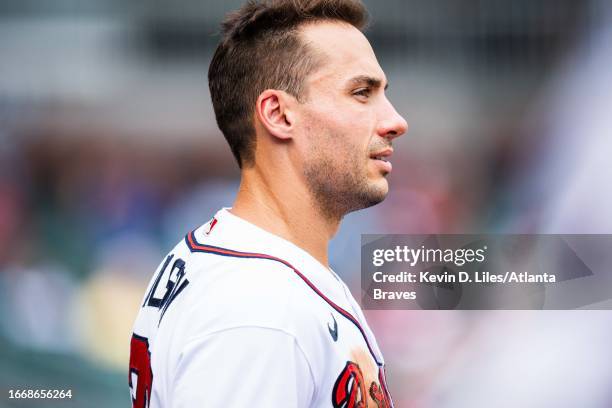 Matt Olson of the Atlanta Braves stands in the dugout during the game against the Los Angeles Angels at Truist Park on August 02, 2023 in Atlanta,...