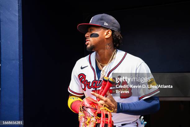 Ronald Acuna Jr. #13 of the Atlanta Braves walks onto the field before the game against the Los Angeles Angels at Truist Park on August 02, 2023 in...