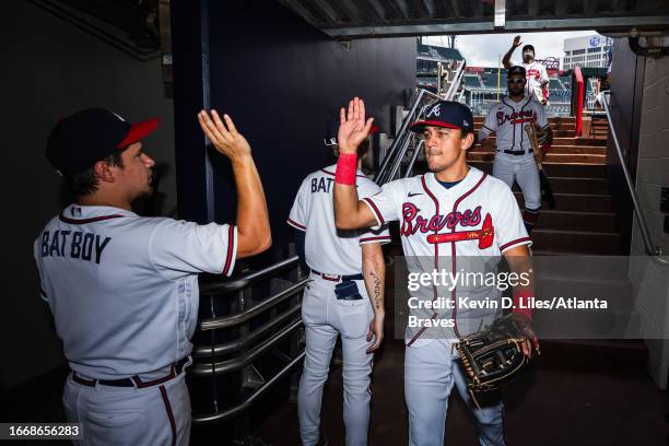 Nicky Lopez of the Atlanta Braves celebrates the win over the Los Angeles Angels at Truist Park on August 02, 2023 in Atlanta, Georgia.