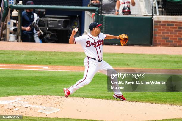 Yonny Chirinos of the Atlanta Braves pitches during the game against the Los Angeles Angels at Truist Park on August 02, 2023 in Atlanta, Georgia.