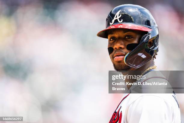 Ronald Acuna Jr. #13 of the Atlanta Braves stands on first during the game against the Los Angeles Angels at Truist Park on August 02, 2023 in...