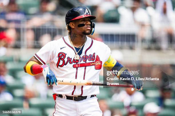 Ronald Acuna Jr. #13 of the Atlanta Braves is walked during the game against the Los Angeles Angels at Truist Park on August 02, 2023 in Atlanta,...