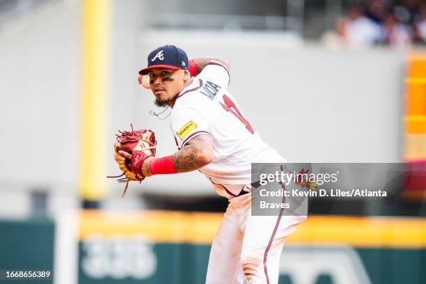 Orlando Arcia of the Atlanta Braves makes a throw to first during the game against the Los Angeles Angels at Truist Park on August 02, 2023 in...