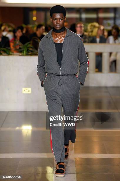 Model on the runway at the Ahluwalia Spring 2024 Ready To Wear Fashion Show held at the British Library on September 15, 2023 in London, England.