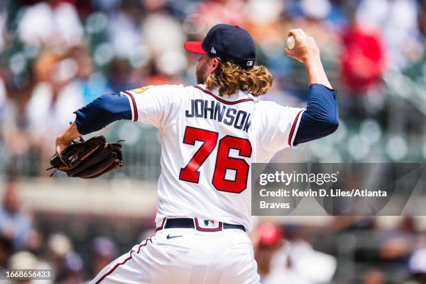 Pierce Johnson of the Atlanta Braves pitches during the game against the Los Angeles Angels at Truist Park on August 02, 2023 in Atlanta, Georgia.