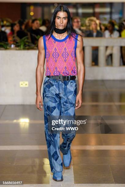 Model on the runway at the Ahluwalia Spring 2024 Ready To Wear Fashion Show held at the British Library on September 15, 2023 in London, England.