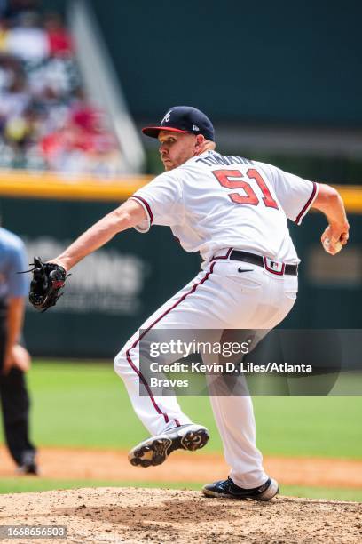Michael Tonkin of the Atlanta Braves pitches during the game against the Los Angeles Angels at Truist Park on August 02, 2023 in Atlanta, Georgia.