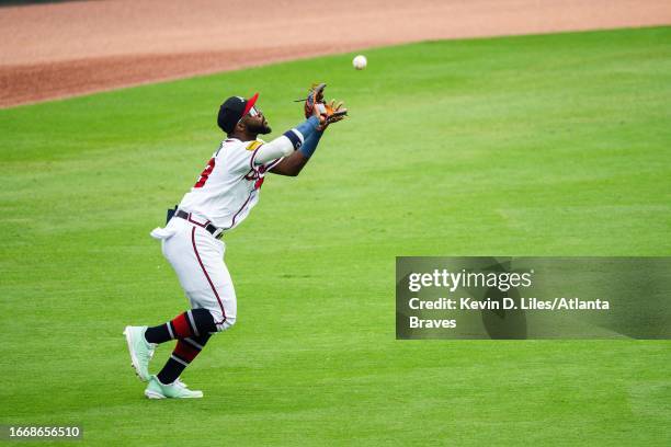 Michael Harris II of the Atlanta Braves makes a catch during the game against the Los Angeles Angels at Truist Park on August 02, 2023 in Atlanta,...