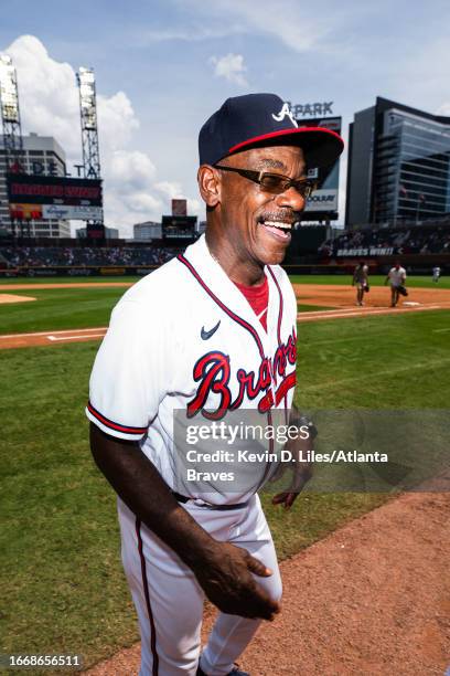 Ron Washington of the Atlanta Braves celebrates the win over the Los Angeles Angels at Truist Park on August 02, 2023 in Atlanta, Georgia.