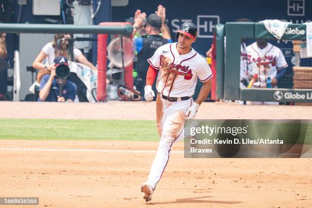 Matt Olson of the Atlanta Braves hits a home run during the game against the Los Angeles Angels at Truist Park on August 02, 2023 in Atlanta, Georgia.