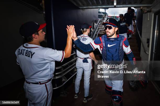 Travis d'Arnaud of the Atlanta Braves celebrates the win over the Los Angeles Angels at Truist Park on August 02, 2023 in Atlanta, Georgia.