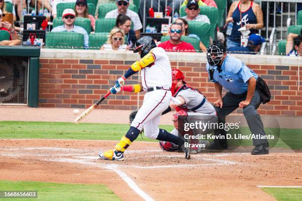 Ronald Acuna Jr. #13 of the Atlanta Braves at bat during the game against the Los Angeles Angels at Truist Park on August 02, 2023 in Atlanta,...