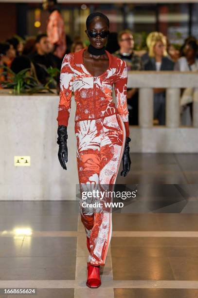 Model on the runway at the Ahluwalia Spring 2024 Ready To Wear Fashion Show held at the British Library on September 15, 2023 in London, England.