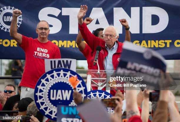 Sen. Bernie Sanders and UAW President Shawn Fain speak at a rally in support of United Auto Workers members as they strike the Big Three automakers...