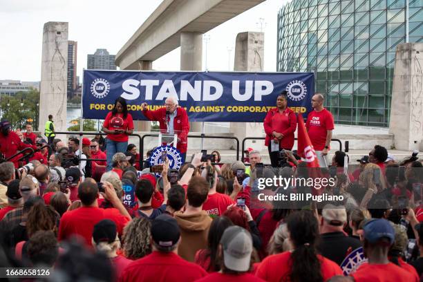 Sen Bernie Sanders takes to the stage to speak at a rally in support of United Auto Workers members as they strike the Big Three auto makers on...