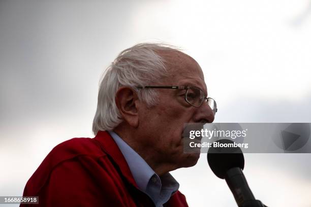 Senator Bernie Sanders, an independent from Vermont, speaks during a UAW rally in Detroit, Michigan, US, on Friday, Sept. 15, 2023. The United Auto...