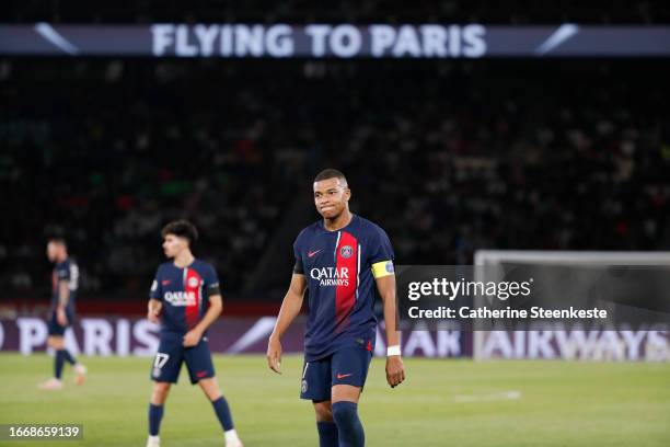 Kylian Mbappe of Paris Saint-Germain reacts to a play during the Ligue 1 Uber Eats match between Paris Saint-Germain and OGC Nice at Parc des Princes...