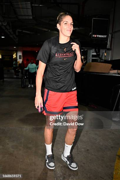 Elena Delle Donne of the Washington Mystics arrives at the arena before the game against the New York Liberty during round one game one of the 2023...