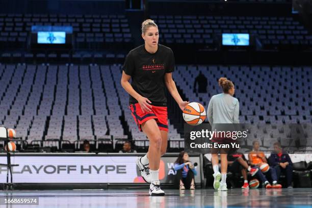 Elena Delle Donne of the Washington Mystics warms up before the game against the New York Liberty during the 2023 WNBA Playoffs on September 15, 2023...