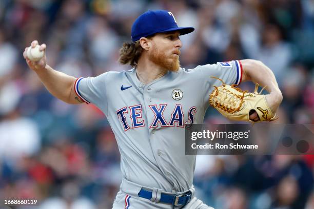 Jon Gray of the Texas Rangers pitches against the Cleveland Guardians during the first inning at Progressive Field on September 15, 2023 in...