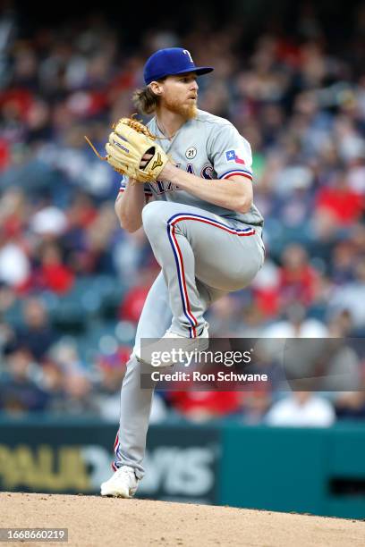 Jon Gray of the Texas Rangers pitches against the Cleveland Guardians during the first inning at Progressive Field on September 15, 2023 in...