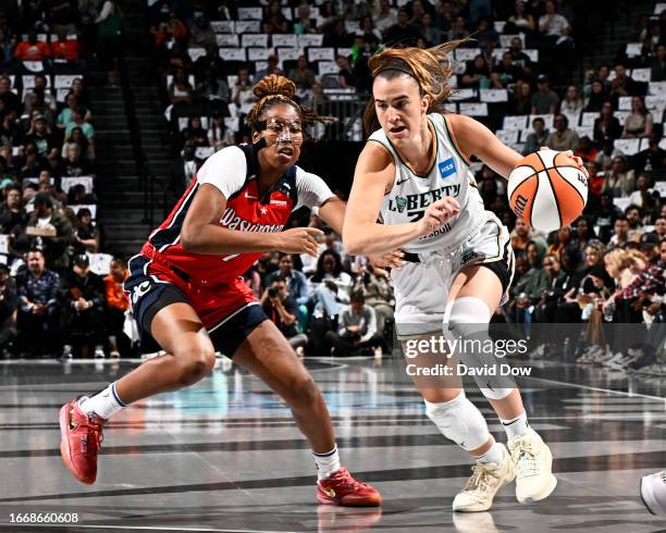 Sabrina Ionescu of the New York Liberty dribbles the ball during the game against the Washington Mystics during round one game one of the 2023 WNBA...