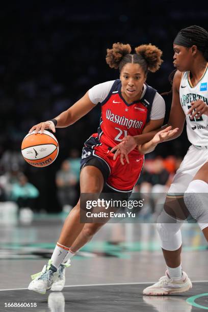 Tianna Hawkins of the Washington Mystics drives to the basket during the game against the New York Liberty during the 2023 WNBA Playoffs on September...