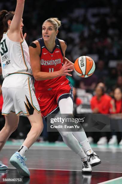 Elena Delle Donne of the Washington Mystics drives to the basket during the game against the New York Liberty during the 2023 WNBA Playoffs on...