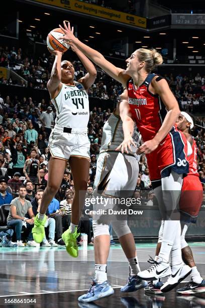 Elena Delle Donne of the Washington Mystics plays defense during the game against the New York Liberty during round one game one of the 2023 WNBA...