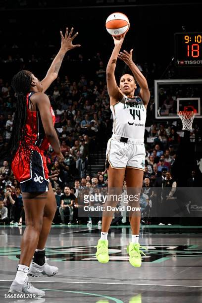 Betnijah Laney of the New York Liberty shoots the ball during the game against the Washington Mystics during round one game one of the 2023 WNBA...