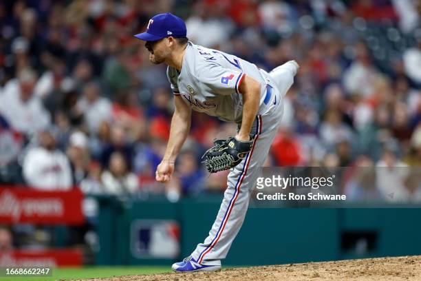 Ian Kennedy of the Texas Rangers pitches against the Cleveland Guardians during the sixth inning at Progressive Field on September 15, 2023 in...