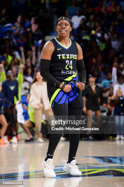 Arike Ogunbowale of the Dallas Wings reacts to a play during the game against the Atlanta Dream during round one game one of the 2023 WNBA Playoffs...